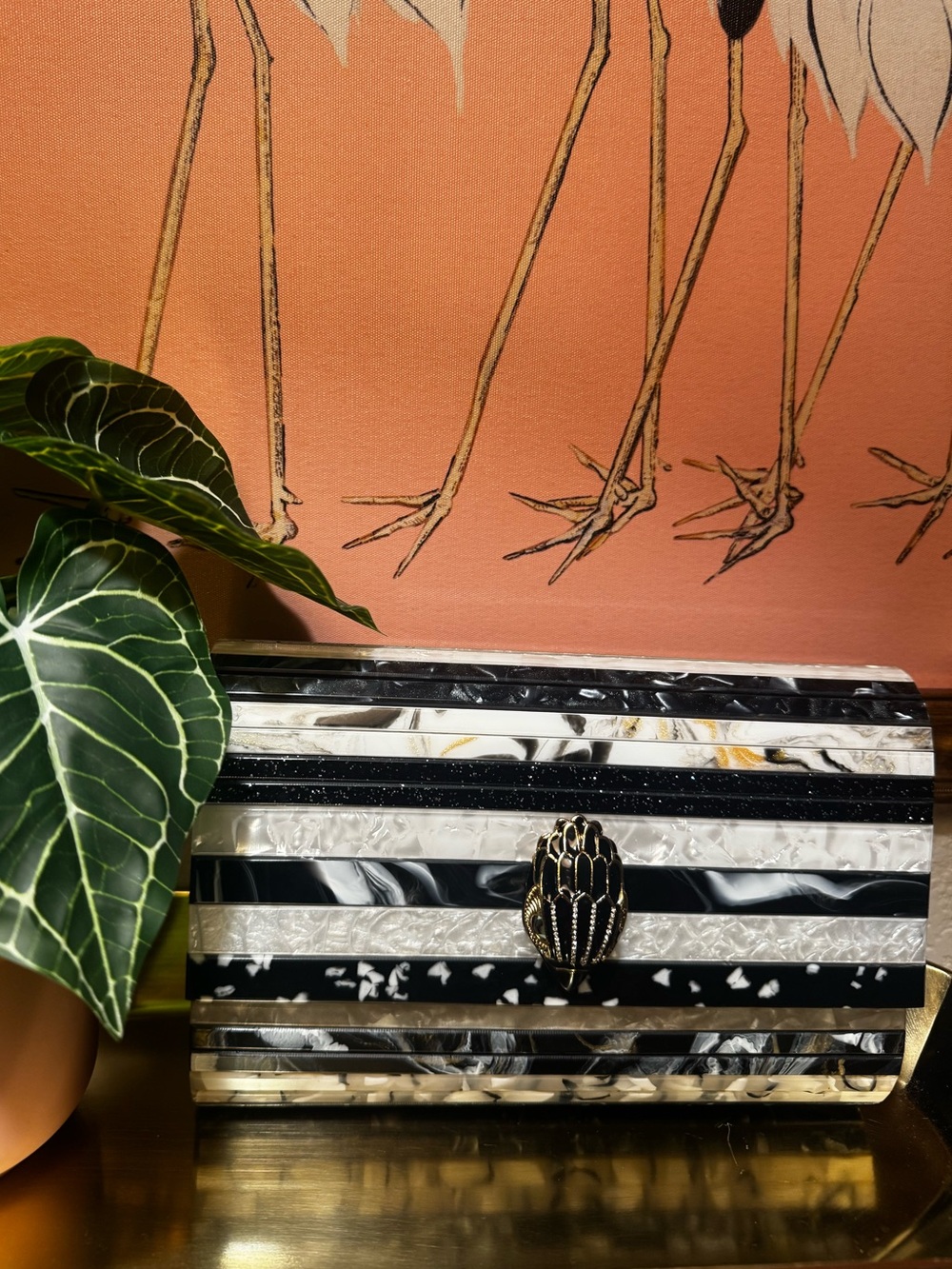Kurt Geiger London Acrylic Striped Clutch Crossbody Black White Pearlized Resin
